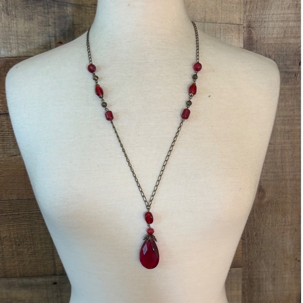 Ruby Red Glass Teardrop Pendant Necklace Antique Brass Beaded Chain